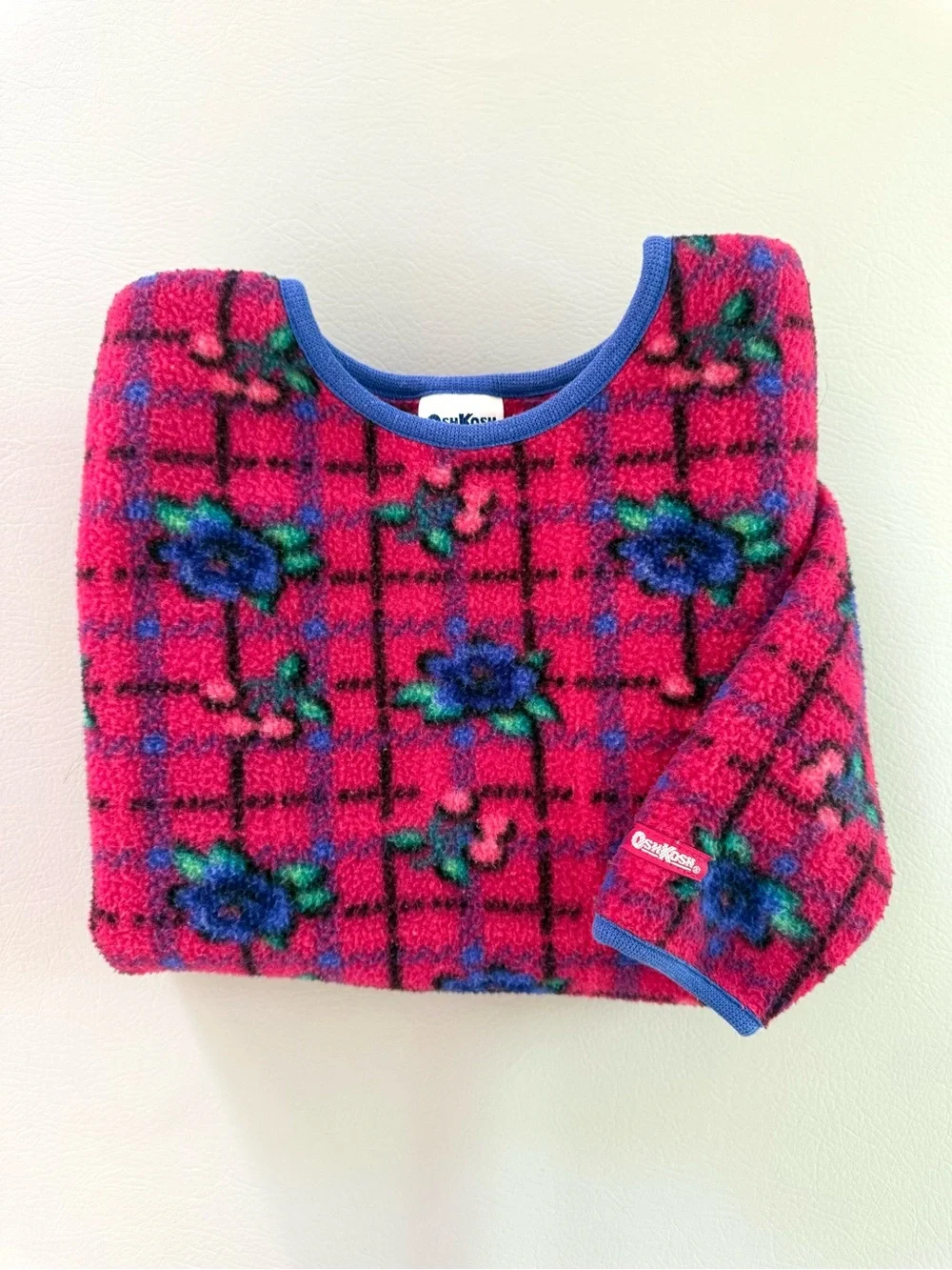 Vintage 80s 90s Oshkosh Fleece Floral Sweater Pink Blue - Girls Sz 5 Made in USA